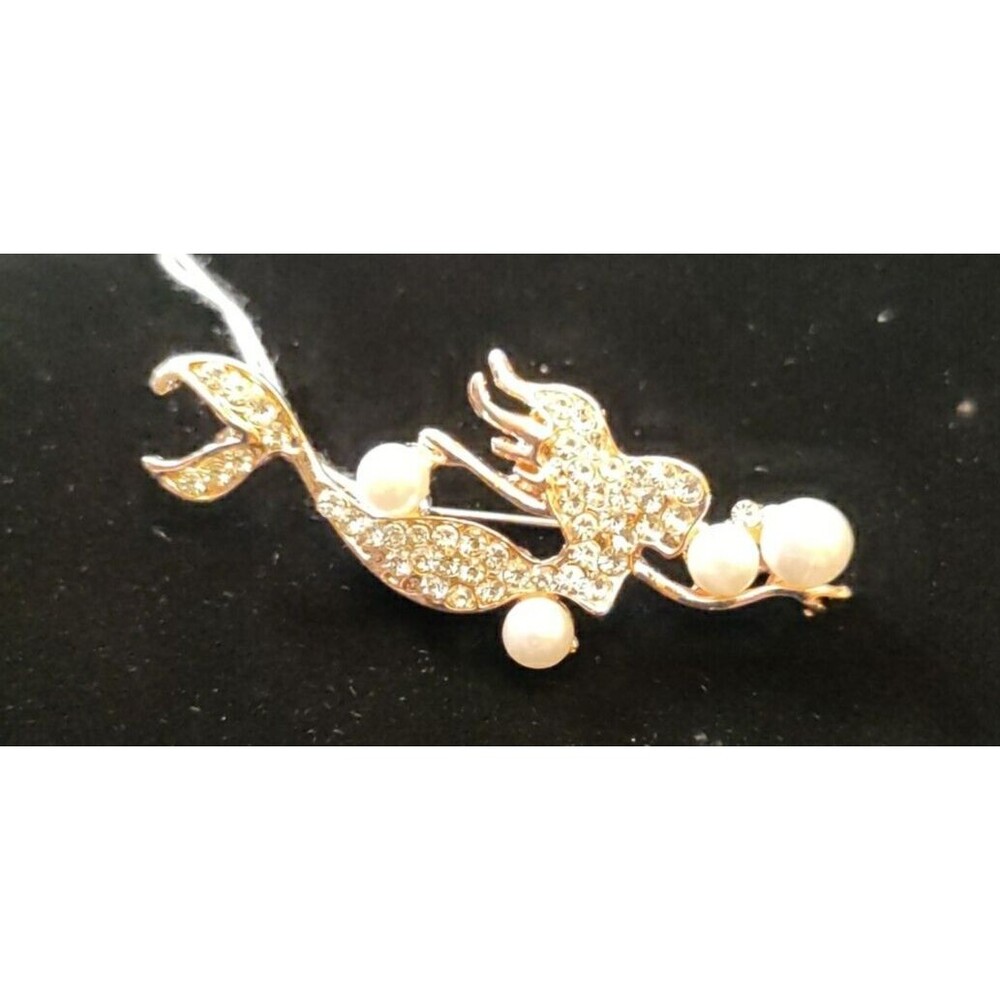 Lab Pearl & Rhinestone Mermaid Brooch 2" Wide X .75" Long